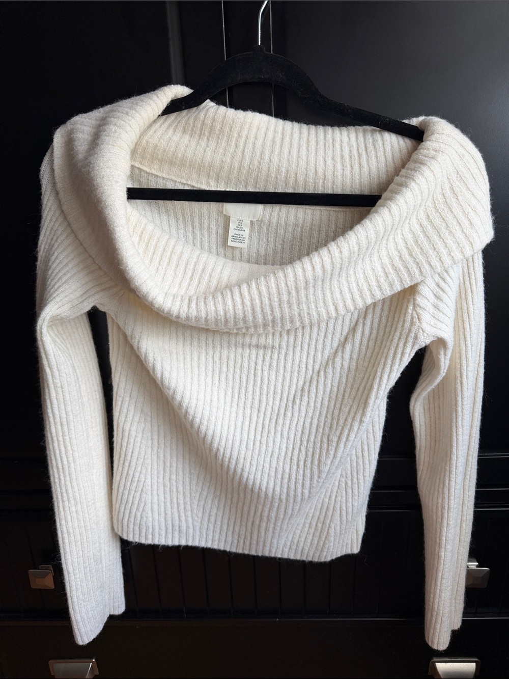 H&M Cream Ribbed Off-Shoulder Cowl Neck Sweater